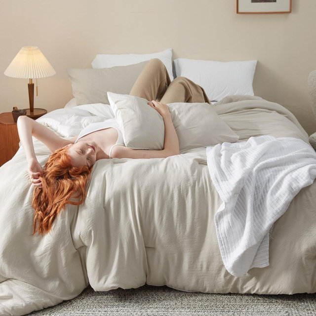 3 Pcs King Comforter Set - Reversible Beige Imitation Prewashed Fabric, All-Season Down Alt