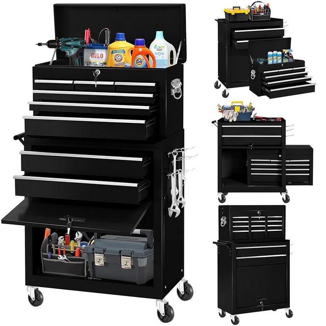 INTERGREAT Tool Chest, 8 Drawers Rolling Tool Chest with Wheels, Detachable Metal Tool Cabinet with Lock Top Tool Box, Garage, Warehouse, Workshops, Repair Shop(Black)
