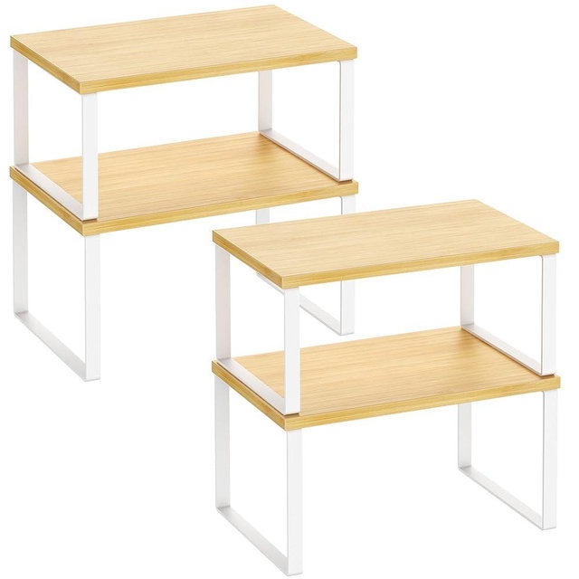 Kitchen Cabinet Organizer Shelf Set of 4, Sturdy Kitchen Counter Shelves with Metal Legs, Stackable Expandable Wood Spice Rack Pantry Cupboard Dish Mug Cup Storage Organizer Shelf,White+Bamboo