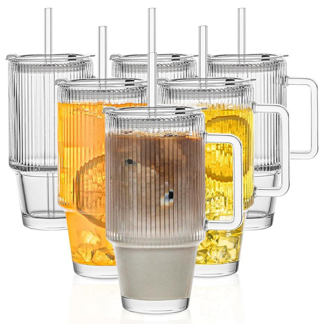 KEMORELA 6-Pack 24oz Glass Cups with Lids and Straws, Ribbed Textured Tumblers with Handle, Reusable Clear Drinking Glasses for Iced Coffee, Bubble Tea, Dishwasher Safe, Drinkware Set