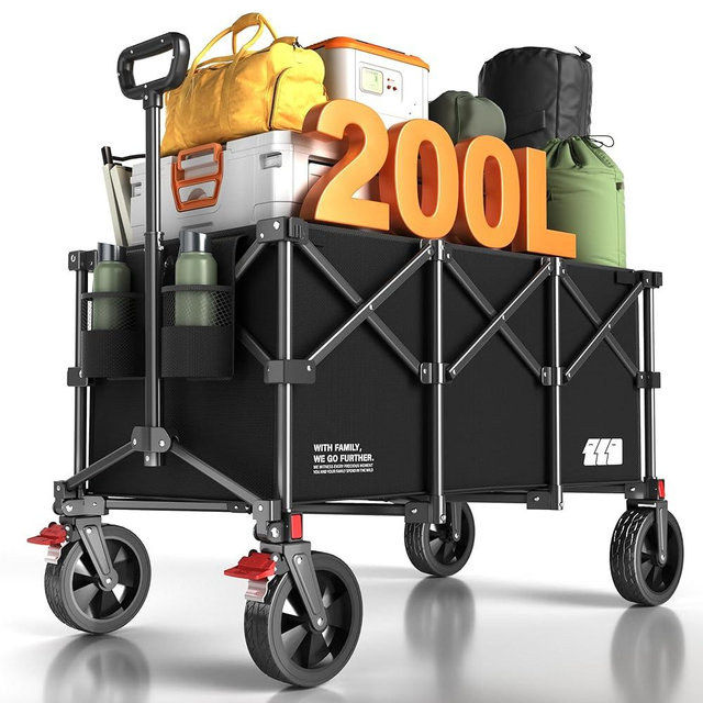 TANSTRIDER 200L Collapsible Foldable Wagon, Large Heavy Duty Wagon Cart with 330lbs Weight Capacity, Folding Utility Wagon with Brake for Camping, Garden, Sports, Picnic, Shopping (Black)