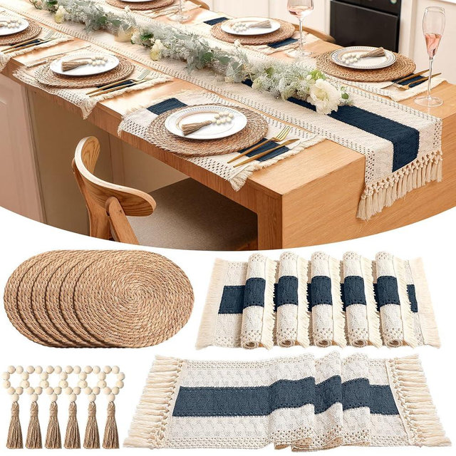 Gandeer Set of 6 Table Runner and Placemats Boho Napkin Rings, Farmhouse Macrame Table Runner Rustic Round Woven Decorative Place Mats for Bohemian Kitchen Dining Tables Decor (Blue)