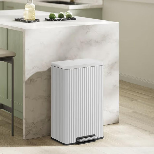 SONGMICS Trash Can, 13 Gallon (50 L) Garbage Can for Kitchen, with Lid, Pedal, and Removable Inner Bucket, Soft Close, Stainless Steel, 15 Trash Bags (Code K) Included, Cloud White ULTB586WZ01