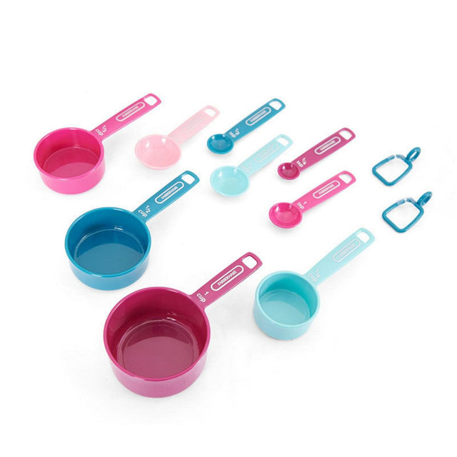 Farberware Kitchen Basics Measuring Cup & Spoon Set, 9-Piece Colorful Nesting Design with Easy-to-Read Markings - Dishwasher Safe Plastic