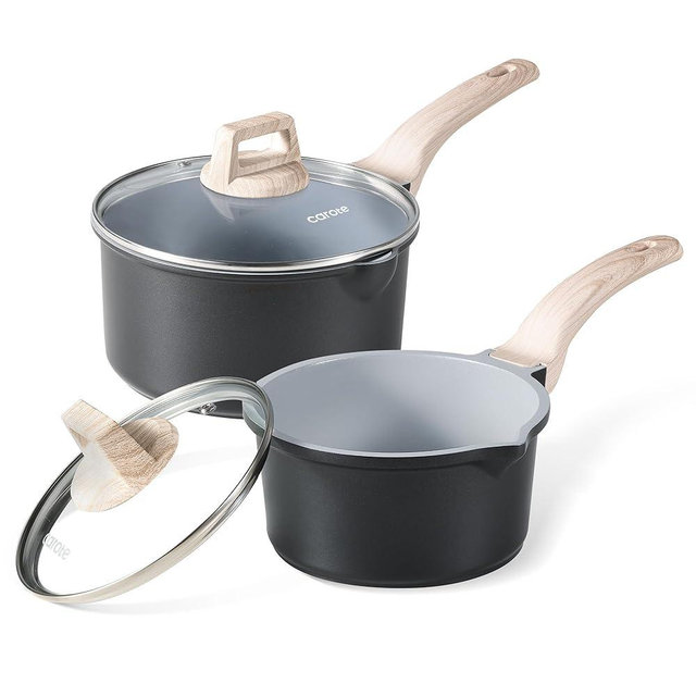 CAROTE 1.5Qt & 3.0Qt Sauce Pan Set with Lid Nonstick Ceramic Saucepan with Pour Spout 4 Pcs Sauce Pots Small Cooking Pots, PFOA FREE (Black)