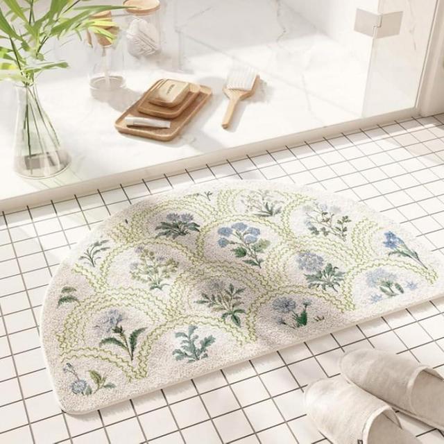 gdmgdr Spring Floral Bathroom Rug 32" x 20" Wild Flowers Bathroom Mat Boho Floral Bath Rug (Semicircular, Green)