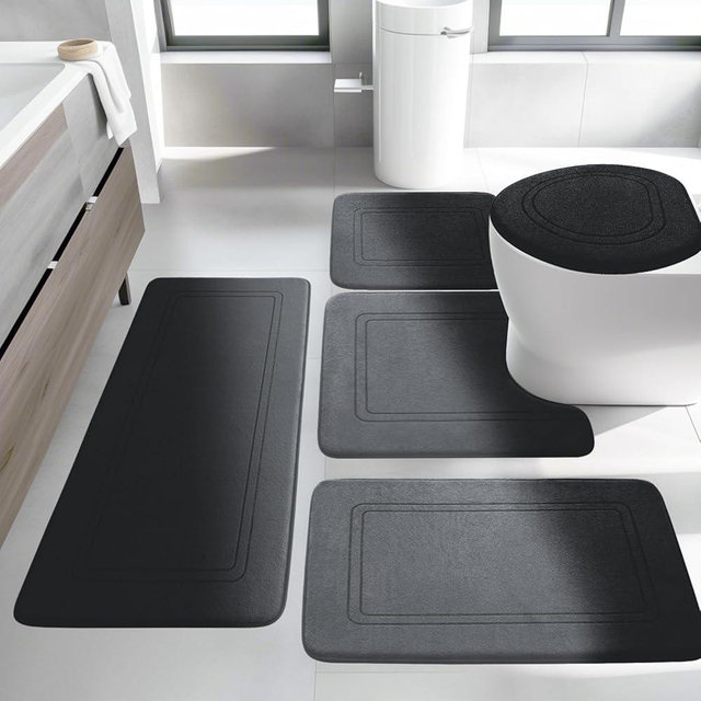 YIHOUSE Black Memory Foam Bathroom Rug Set 5 Piece, Absorbent Bathroom Mat Set, Non Slip Bath Mats for Bathroom, Washable & Dry Quickly Bath Rug Set for Bathroom Floor, Black Bath Mat Set 5 Pieces
