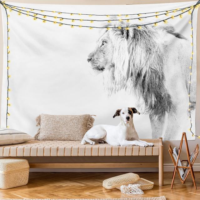 Lunarable Lion Tapestry King Size, Black and White Hand Drawn Lion Surveying for Prey Majestic Animal Royal Beast King, Wall Hanging Bedspread Bed Cover Wall Decor, 104" X 88", White Black