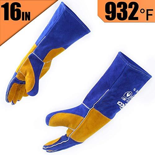 RAPICCA Leather Forge Welding Gloves Heat/Fire Resistant, Mitts for Oven/Grill/Fireplace/Furnace/Stove/Pot Holder/Tig Welder/Mig/BBQ/Animal handling glove with 16 inches Extra Long Sleeve – Blue