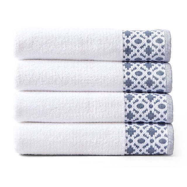 Market & Place 100% Cotton Luxury Bath Towel Set | Super Soft and Highly Absorbent | Textured Decorative Border | Includes 4 Bath Towels | Nitra Collection (White/Navy)