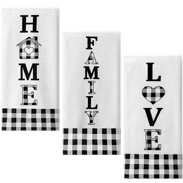 3 Pieces Buffalo Plaid Home Love Family Kitchen Towel Black and White Plaid Country Kitchen Towels Set Fast Drying Farmhouse Kitchen Towels Decorative Kitchen Towels for Cooking Baking