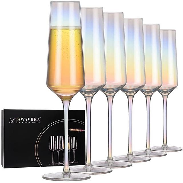 Champagne Flutes - Crystal Champagne Flutes Glasses Set of 6, 7.1 Ounce Iridescent Champagne Flutes with Long Stem, Premium Crystal, Hand Blown - Gift for Wedding, Anniversary, Iridescent Sparkling