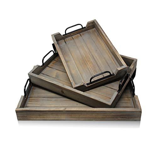 3 Pie­ce Decorative Nested Vintage Wood Serving Tray Set For Coffee Table or Ottoman – Rustic Wooden Breakfast Trays For Kitchen, Dining Room, or Living Room – Farmhouse Platter w/Handles - Barnwood