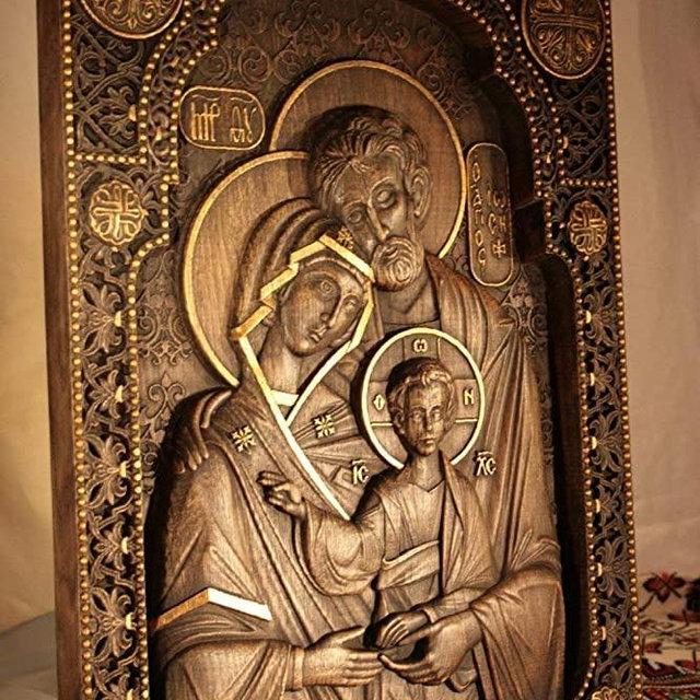 Handmade Christmas gift Holy Family - Wood Carved Nativity Icon - 10 x 12 inches made of natural oak - wall hanging
