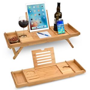 Bed Table & Bathtub Tray -- Combines bamboo bath tub caddy for relaxation and bed tray for productivity into 1 -- Luxurious bathtub caddy for bath accessories wine glass book iPad phone and laptop