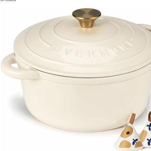 Overmont Enameled Cast Iron Dutch Oven - 5.5QT Pot with Lid Cookbook & Cotton Potholders - Heavy-Duty Cookware for Braising, Stews, Roasting, Bread Baking white