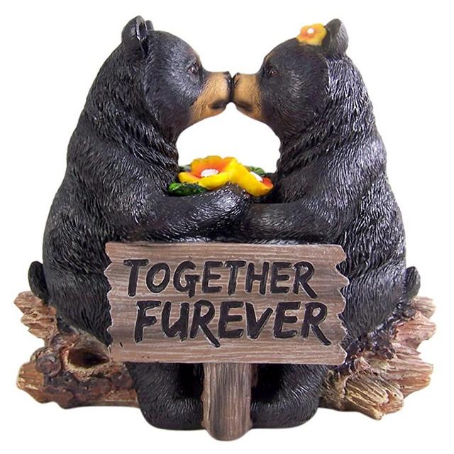 Romantic Black Bear Couple In Courtship By Wooden Log Statue 7" Tall Whimsical Black Bear Family Decorative Figurine