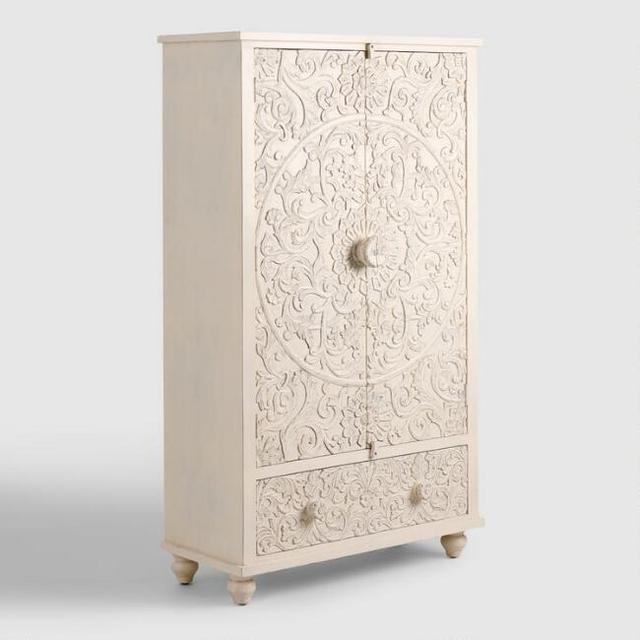 White Carved Wood Floral Armoire
