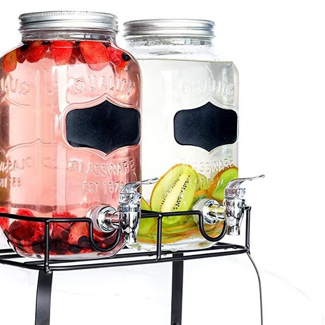 OMINA Dual Beverage Dispenser with Stand, Drink Glass Mason Jar, (1 Gallon Each), FRUIT INFUSER, ICE CYLINDER, Leakproof Spigot, Screw-On Lids, Wooden Chalkboards, 25 DRINK Recipes E-book INCLUDED