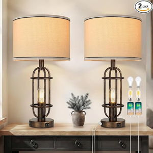 Reaketon Table Lamps for Living Room Set of 2, 22.3" Farmhouse Lamps for Nightstand, Industrial Table Lamps for Bedroom with USB Ports, Retro Bronze