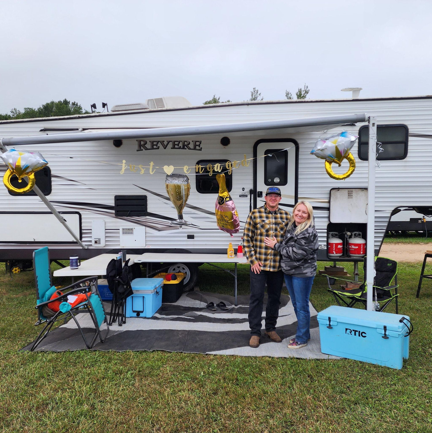 The surprise from our Crandon family at our camper immediately after Erik proposed