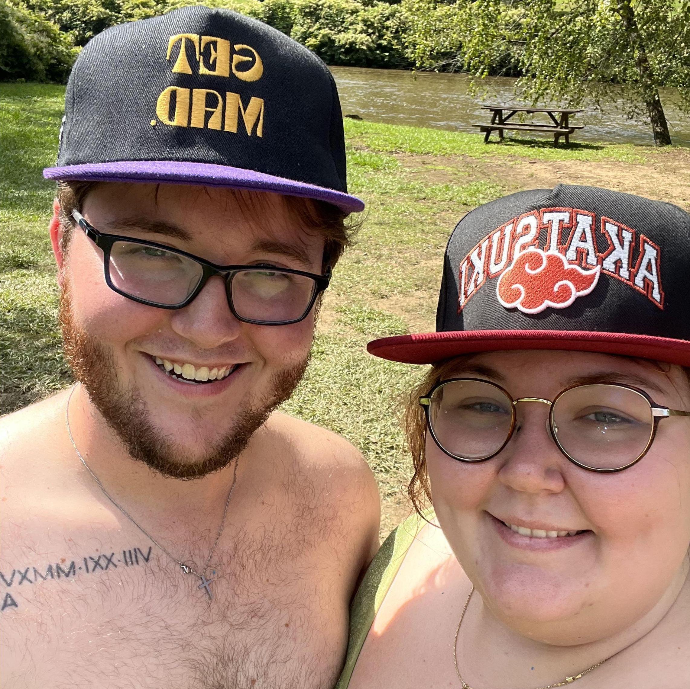 Matching hats on a hot day in McCaysville, GA! We went tubing on Tobacco Creek right before this picture was taken. This was earlier on the day Evan proposed. Ari had no idea what was coming!