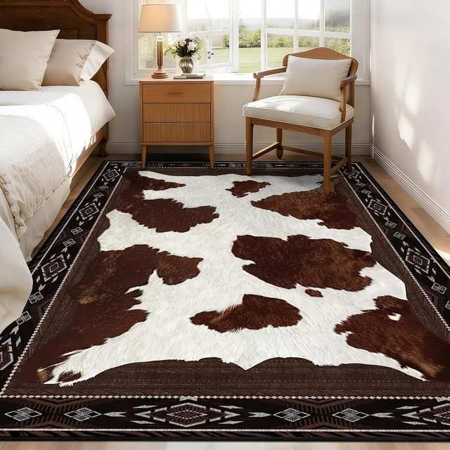 Yinhua Cowhide Rugs for Living Room 4x6 Cow Print Rug for Bedroom Washable, Soft Faux Animal Print Rug Low Pile Non Slip, Western Rustic Rugs for Dining Room Nursery Home Office, Brown and White