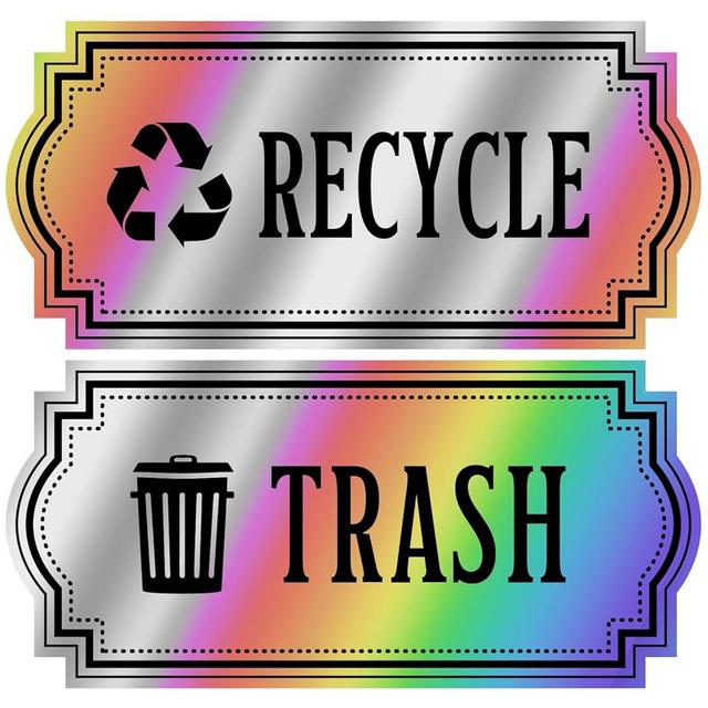 Recycle and Trash Decal Sticker - Elegant Look for Trash Cans, Containers, Garbage Bins - Laminated UV Protected Vinyl Decal 2588 (Silver - Holographic, XSmall)