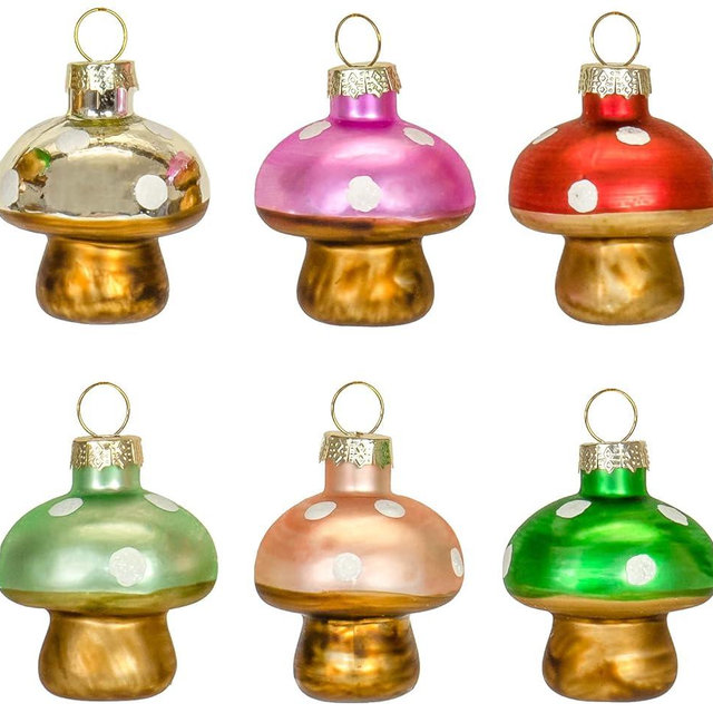 Red Co. 2.25” Mini Decorative Christmas Tree Glass Ornaments – Set of 6 Assorted Mushrooms