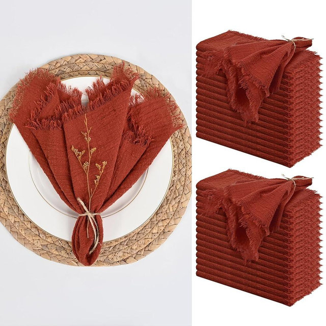 30 Packs Cotton Linen Napkins,Handmade Cloth Napkins Bulk with Fringe, Rustic Boho Napkins Cloth,Cloth Napkins for Romantic Wedding Party Event Dinner Birthday Table Decor(Terracotta,16 x 16 Inch)