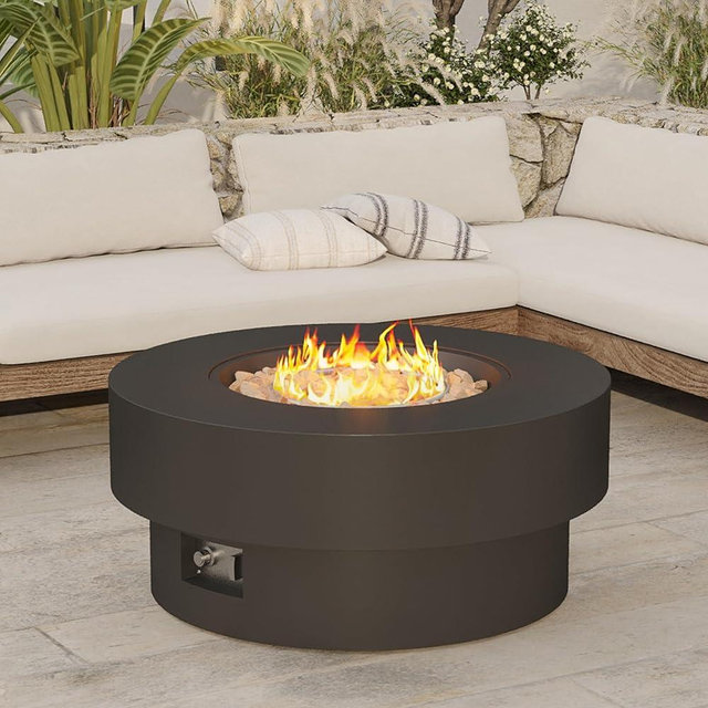 Wakeyard 32.5 inch Outdoor Propane Fire Pit Table, 50000 BTU Round Patio Fire Pit Table with Lid, Waterproof Cover, 10ft Gas Hose & Gas Tank Base, Lava Rocks, CSA Certified, Black