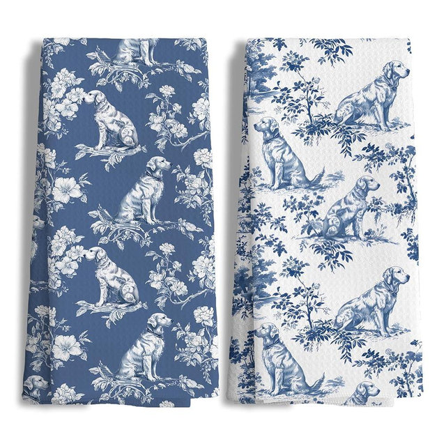 Nipi Chinoiserie Golden Retriever Kitchen Towels Set of 2,Blue And White Floral Golden Retriever Decorative Dish Tea Towels,Grandmillennial Botanical Dog Hand Towels for Kitchen Bathroom, 16x24 Inch