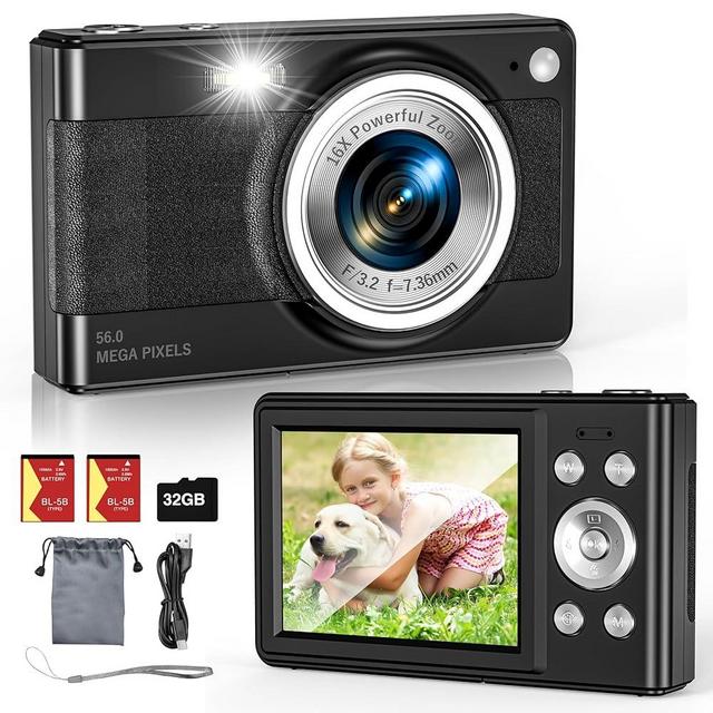 Upgrade Digital Camera, 56MP FHD 1080P Camera for Kids with 16x Zoom Anti Shake, Kid Camera with 32GB TF Card, Two Batteries, Lanyard, Compact Small Camera for Kids Boys Girls（Black）