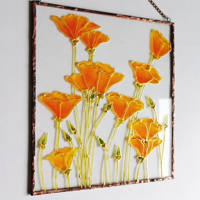 Poppy Suncatcher California Poppy Painting on Glass Art Stain Glass Window Hangings Floral Wall Decor Botanical Glass Painting