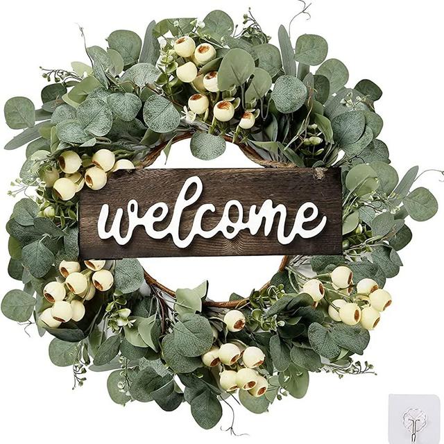 HAOSHICS Green Eucalyptus Wreath with Welcome Sign Artificial Eucalyptus Wreath Spring Summer Wreath with White Berries for Front Door Wall Window Festival Porch Farmhouse Patio Garden Decor (D)