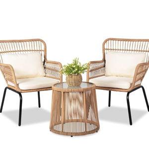 3 Piece Outdoor Wicker Furniture Bistro Set in Yellow/Beige, Rattan Chairs Conversation Sets Wicker Patio Furniture for Balcony Poolside Backyard, Yellow/Beige