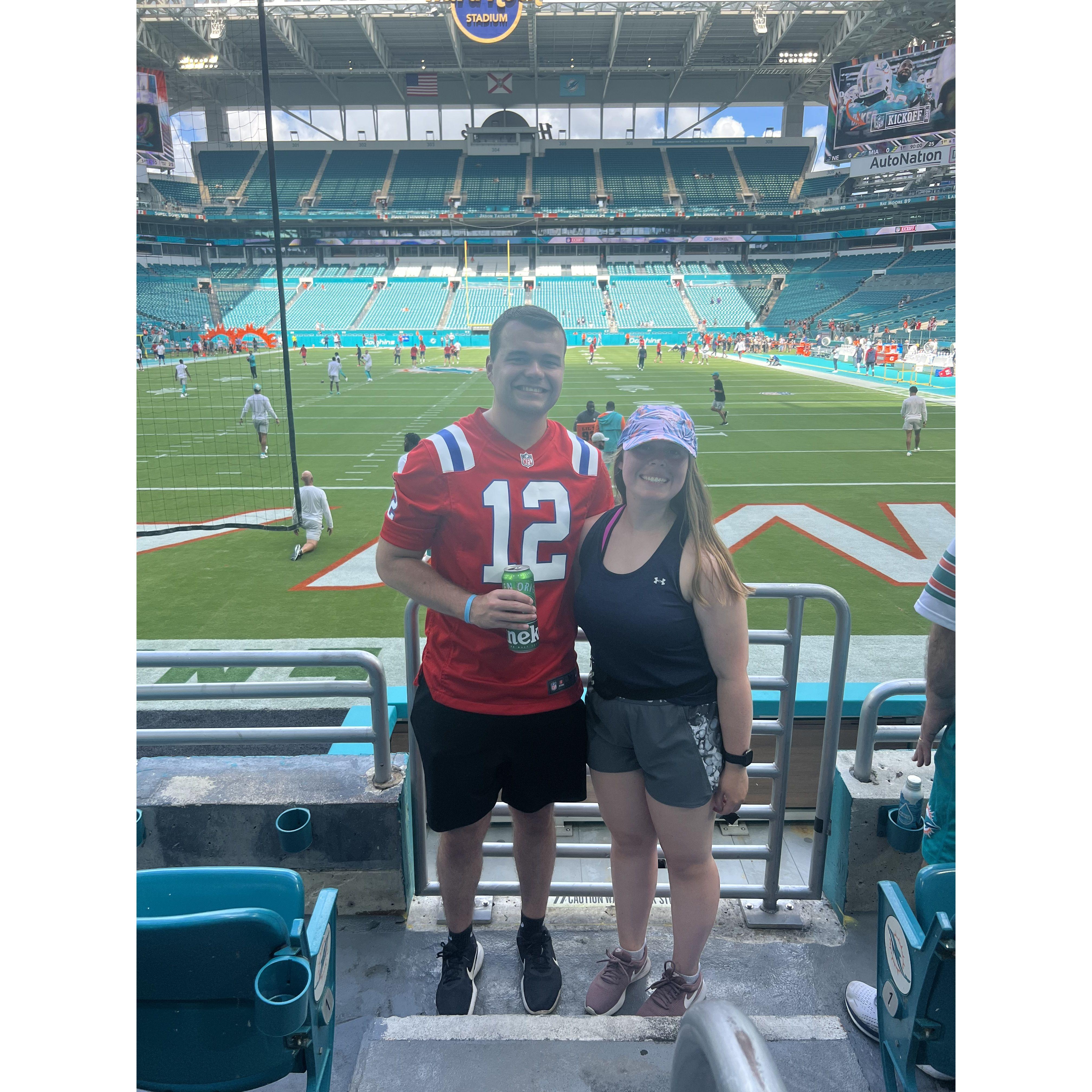 We had a lot of fun at the Patriot's season opener in Miami, even though it was the hottest season opener there ever. The Dolphins’ fans just partied and danced the whole time.