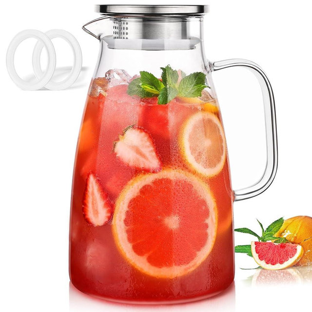 Potdoctor Glass Pitcher with Lid, 2.1 Liter 72oz Water Pitcher with Handle and Spout for Fridge, Borosilicate Glass for Iced Tea, Juice, Sangria, Cold/Hot Beverage, Large Jug with 2 Silicone Rings