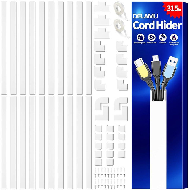 Delamu Cord Hider, 315in Wire Covers for 2-3 Cords on Wall, Premium Cable Hider Cord Covers for Wires on Wall, Cable Management Wire Hiders for TV, Cable Raceway Kit, L15.7X W0.95x H0.55in, White