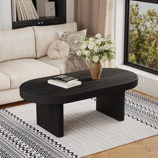 Farmhouse Coffee Table, 47 Inches Wooden Oval Accent Center Tables with Thick Base, Modern Low Cocktail Tea Furniture for Living Room, Apartments
