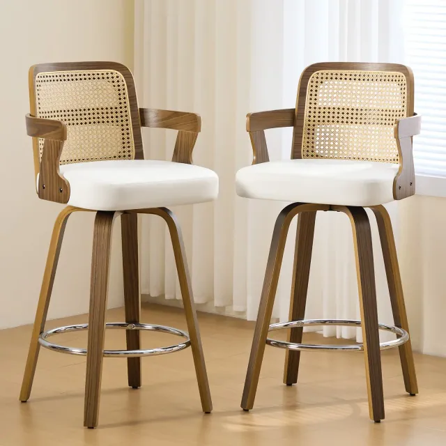 Bekrvio 26" Swivel Counter Height Bar Stools Set of 2,Faux Leather Upholstered Bar Chairs with Ratten Back & Arm for Kitchen Island,White
