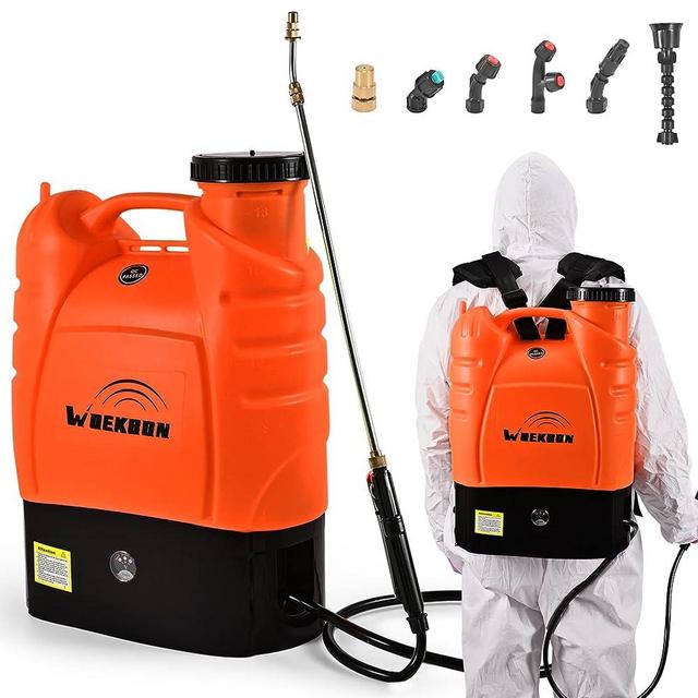 WOEKBON 4 Gallon Battery Powered Backpack Sprayer Electric Garden Pump Sprayer with Lithium Battery for Long Time Spray Brass Telescope Wand and Multiple Nozzles for Spraying Cleaning。