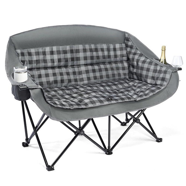 Double Camping Chairs Padded Loveseat Chair for 2 Person - Heavy Duty Oversized Camping Couch for Adults Outdoor Lawn Beach Portable Folding Sofa with Cup Holders Support 600lbs, Grey