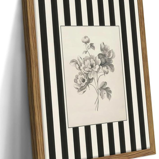 Framed Vintage Floral Wall Art, Black and White Stripes Flower Canvas Wall Decor Paintings, Minimalist Botanical Artwork Print Picture for Living Room Bedroom Bathroom 16x24 Inch