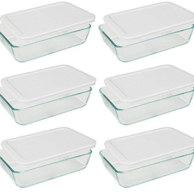 Pyrex 3-cup Rectangle Glass Food Storage Containers With White Plastic Lids.Use For Lunch Box, Storage Food ,And Baking Dish (pack of 6 Glass Containers) )