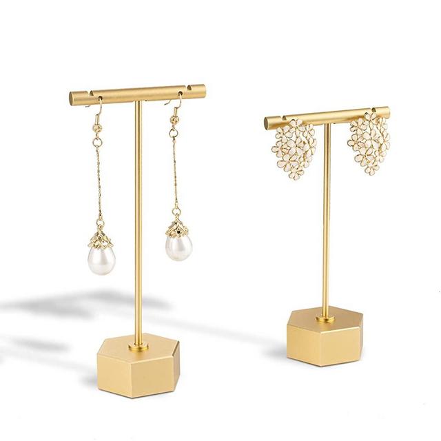 bjewego Gold Earring Display Stand - 2 Pieces Hexagon Earring T Stand Holder - (Gold Earring Stand - Small and Large Set)