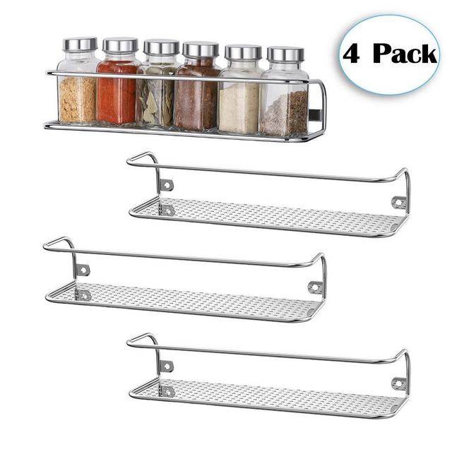 4 Pack Wall Mounted Spice Rack, Seasoning Storage Organizer Shelf for Kitchen, Cabinet, Cupboard, Pantry, Chrome
