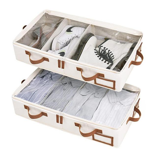 StorageWorks Underbed Storage Box, Underbed Clothes Storage Bin for Clothes, Blankets and Shoes, Foldable Underbed Bags, Ivory White, Medium, 2 Pack