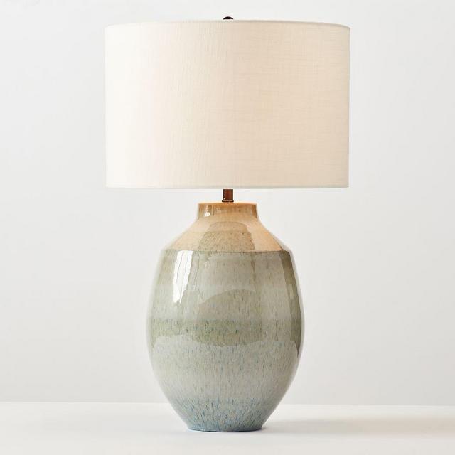 Ezra Ceramic Table Lamp, Reactive Glaze, Large with Large White Textured SS Gallery Shade
