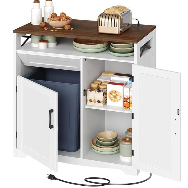 YATINEY Trash Can Cabinet with Power Outlet, 10-Gallon Hidden Kitchen Garbage Bin Cabinet with Adjustable Shelf, Wooden Recycling Cabinet for Kitchen, Dining Living Room, White and Walnut WB04UWH